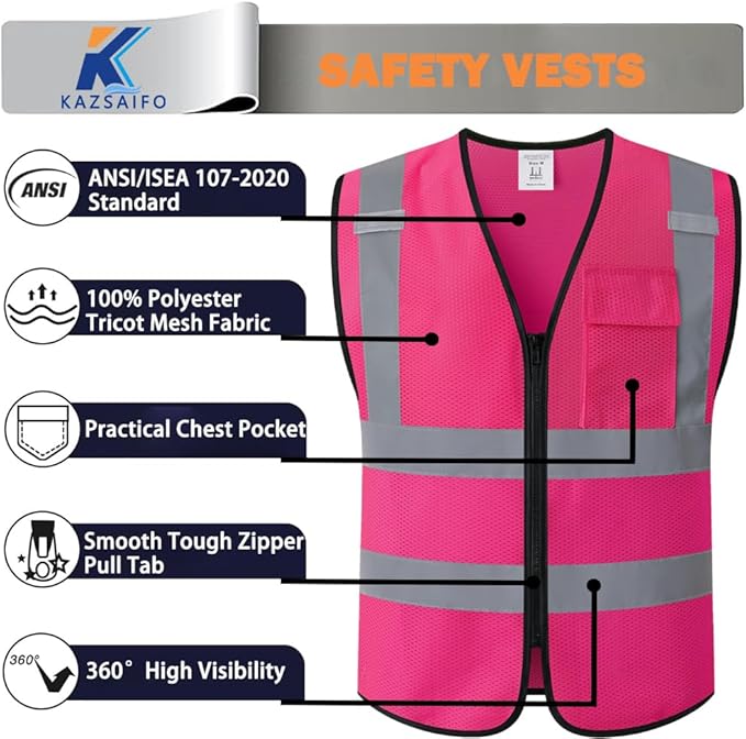 Safety Vest for Men Women with Chest Pocket,Mesh High Visibility Reflective Construction Work Vest,Meets ANSI/ISEA Standard (KZ179-Pink-2XL)