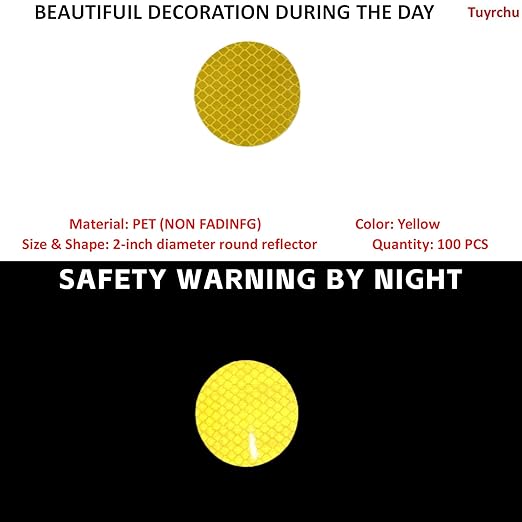 Non Fading Yellow Reflective Stickers 2-inch Diameter Round Reflector, Outdoor Waterproof High Visibility Warning Adhesive Tape (100 Pcs)