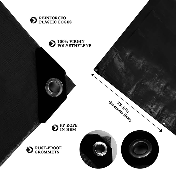 Tarp Heay Duty Waterproof 10x12ft,Black Tarp Cover Plastic Poly Tarpaulin for Outdoor Cover,Emergency Rain,Roof, Pool, Boat,Camping - Multipurpose with 12Mil Thickness
