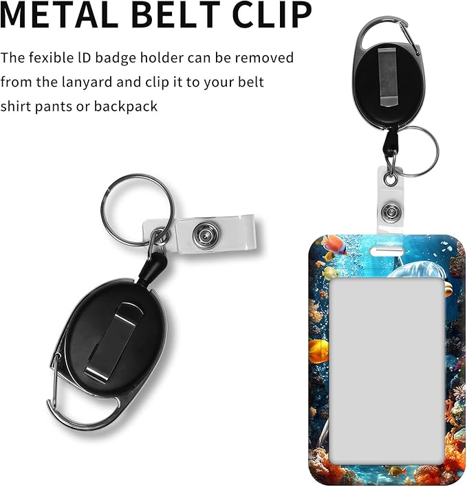 ID Badge Holder with Retractable Lanyard for Women & Men,Vertical ID Card Holder Wallet,Clear Window&Card Slot,Detachable Neck Strap for Nurse Teacher Office,Underwater Dolphin Scene