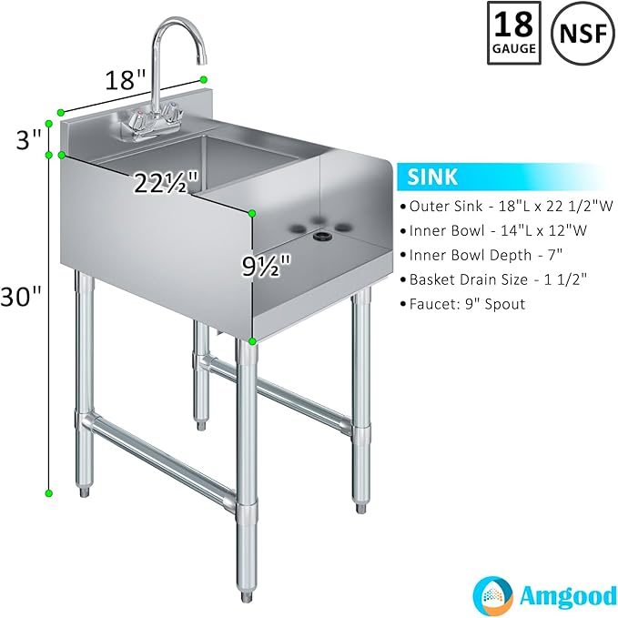 AmGood 22 in. x 18 in. Stainless Steel Blender Station with Dump Sink and Faucet