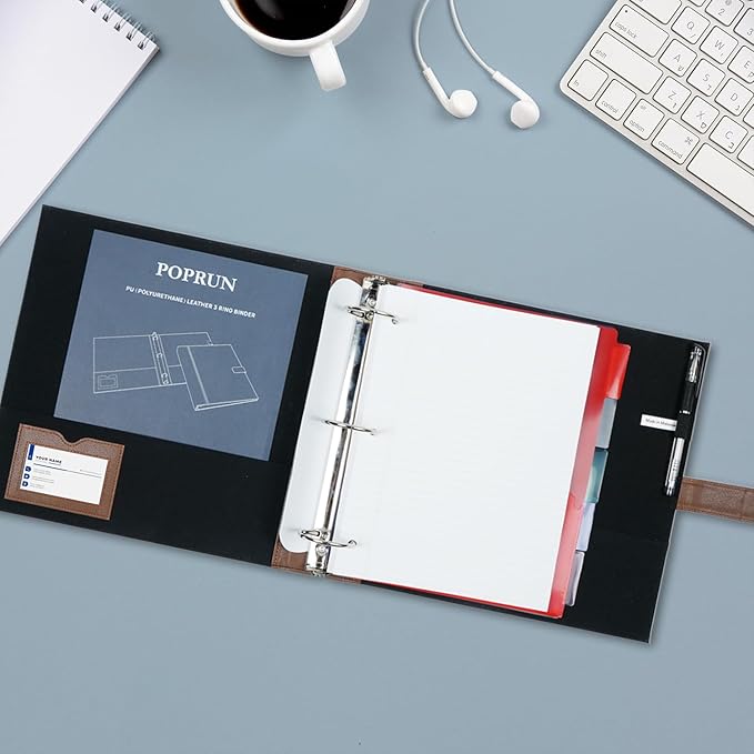 POPRUN PU Leather 1.5 Inch 3 Ring Binder, Professional Business Organizer- Includes PP Dividers, 100GSM / Grade AA Filler Papers, Card &Sticker for Tab- Ideal for Office Presentation Meetings, Brown