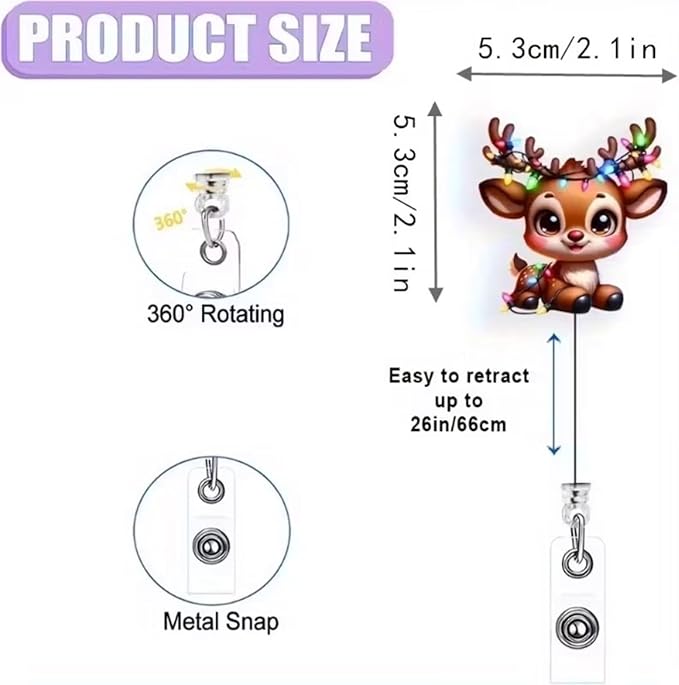 Deer Badge Holder Christmas Badge Reel Retractable Badge with Alligator Clip Colorful Light String Reindeer ID Badge Holder Cute Acrylic Badge Clips for Holiday Nurses Nursing Students Teachers Office