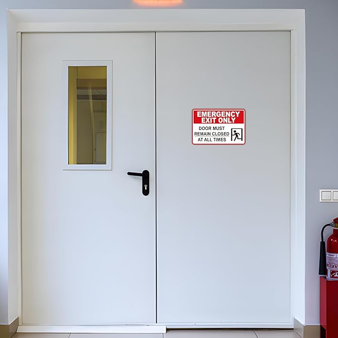 Emergency Exit Only Signs Sticker，Self Adhesive UV, Weather, Scratch, Water & Fade Resistant Door Must Remain Closed At All Times sign for Business, Schools, Offices, Storage Rooms, Hospitals