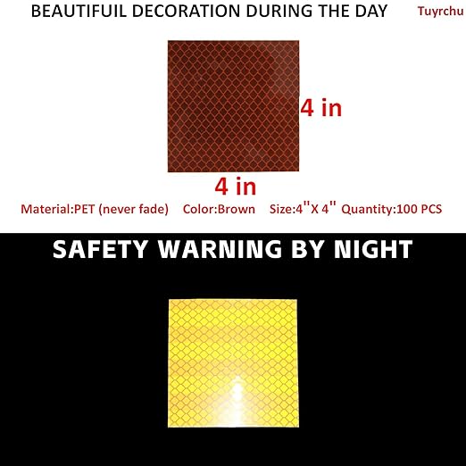 Non Fading Brown Reflective Stickers 4 inch X 4 inch, Outdoor Waterproof High Visibility Warning Safety Adhesive Reflector Tape (100 Pcs)