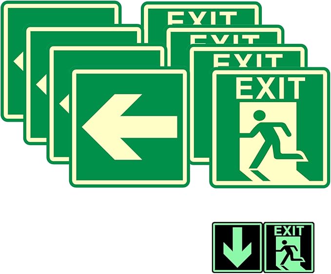 4 Pack Green 6"x6" PVC Emergency Exit Signs, Glow In The Dark, Adjustable Orientation, Waterproof & Dustproof, Easy Install with Adhesive Backing