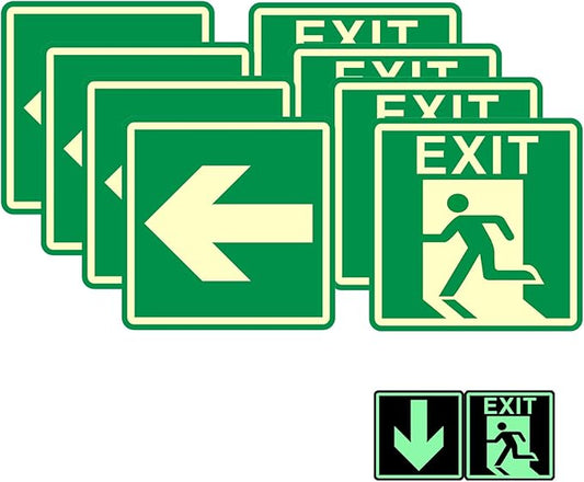 4 Pack Green 6"x6" PVC Emergency Exit Signs, Glow In The Dark, Adjustable Orientation, Waterproof & Dustproof, Easy Install with Adhesive Backing