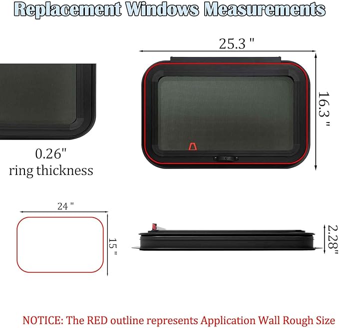 24"x15" Frameless RV Sliding Window - DOT Approved Tinted Glass, Anodized Aluminum Frame w/Mesh Screen, Fits 1.5"-1.875" Walls (Complete Installation Kit Included)