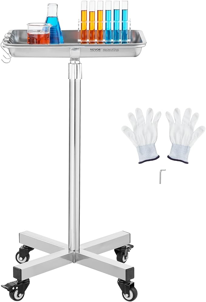 VEVOR Mayo Stand, Stainless Steel Mayo Tray, Load Capacity up to 36 lbs, Adjustable Height 31.9"-55", Medical Tray on Wheels with Removable Tray for Spa, Salon, Clinic, Personal Care