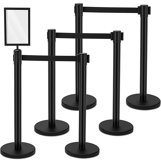 Geelin 6 Pack 16 ft Heavy Duty Crowd Control Stanchions Stainless Steel Stanchion Set with 6 Safety Barrier Post with Retractable Belt and 1 Sign Holder Crowd Control Barrier(Black)