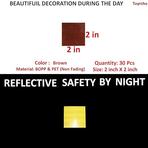 Brown Reflective Stickers 2 inch X 2 inch, Outdoor Waterproof High Visibility Warning Safety Adhesive Reflector Tape (30 Pcs)
