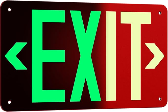 Photoluminescent Aluminum Exit Sign Red Glow in The Dark, 12x7 In Self-Adhesive Backing Emergency Exit Sign Sticker with Removable Arrows, Non-Electrical for 50 Feet Visibility (1 Pack)