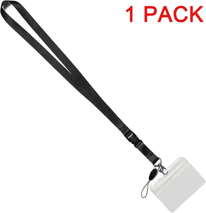 YOUOWO Lanyard with Badge Holder,Black Neck Strap Detachable Buckle Lanyard with Horizontal id Name Tag Card Holders Zipper Waterproof Resealable Clear Plastic Pack of 1