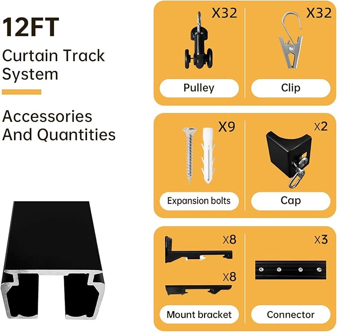 Ceiling Curtain Track Ceiling and Wall Mounted Heavy-Duty Curtains Rails Room Divider Curtains Shower RV Tracks Ceiling Sliding Curtain Rods With Clips,Black 12ft.