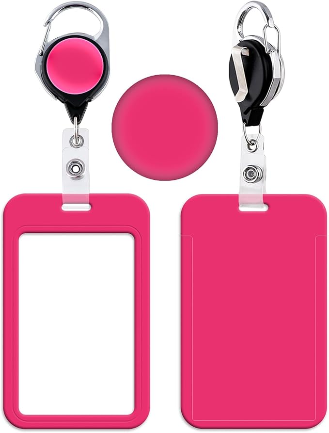 Pink Retractable Badge Holder with Carabiner Clip, Heavy Duty ID Card Holder for Work, School & Events, Simple Card Sleeve for Girls, Teacher, Women