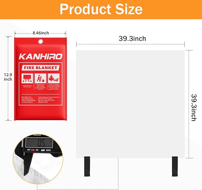 Emergency Fire Blanket for Home Kitchen - KANHIRO Fiberglass Fire Suppression Blanket Great for School, Fireplace, Grill, Car, Office, Warehouse (4 Pack, 39 in X 39 in)