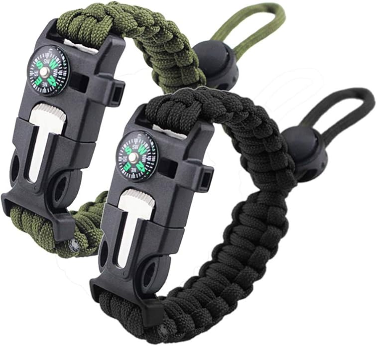 Survival Paracord Bracelet Flint Fire Starter Scraper Compass Wilderness Survival Whistle Adjustable Wristband 2Pack Black&Armygreen