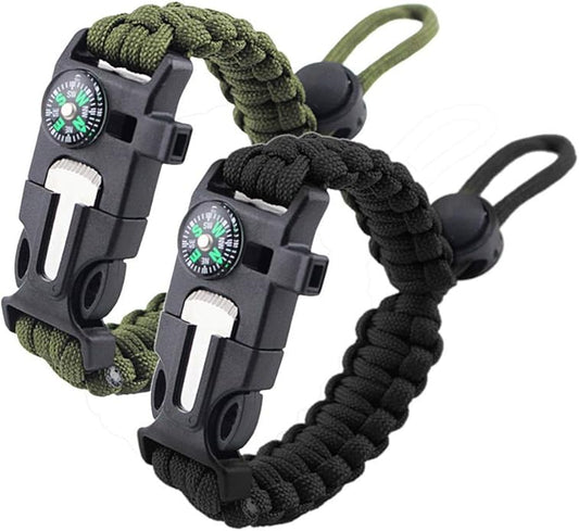Survival Paracord Bracelet Flint Fire Starter Scraper Compass Wilderness Survival Whistle Adjustable Wristband 2Pack Black&Armygreen