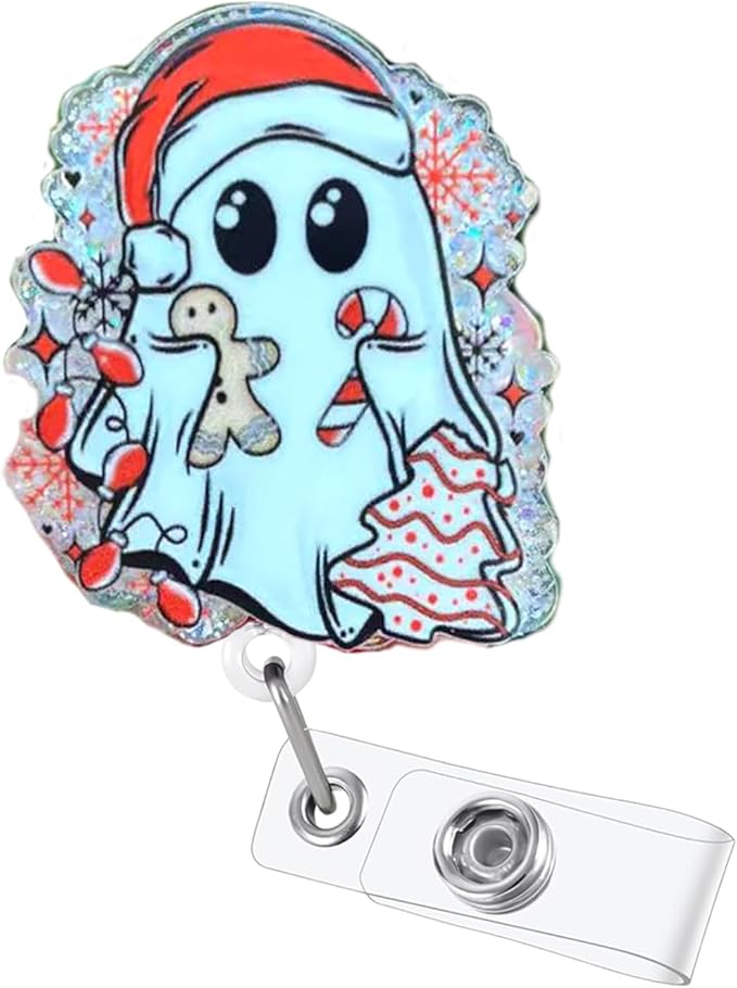 Christmas Gingerbread Man Ghost Badge Reel, Nurse Doctor Badge Clip with Retractable & 24” Durable Nylon Cord Cute Gifts for RN CNA LPN Medical Worker Teacher Student Name Tag Decor