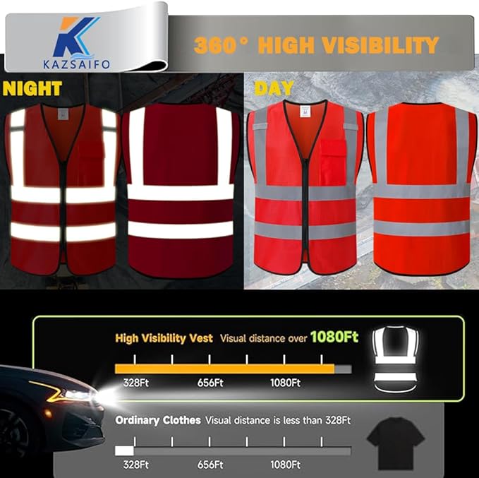 Hi Vis Safety Vest for Men Women,Mesh High Visibility Construction Work Vest Reflective with Chest Pocket and Zipper Front,Meets ANSI/ISEA Standard (KZ179-Red-L)