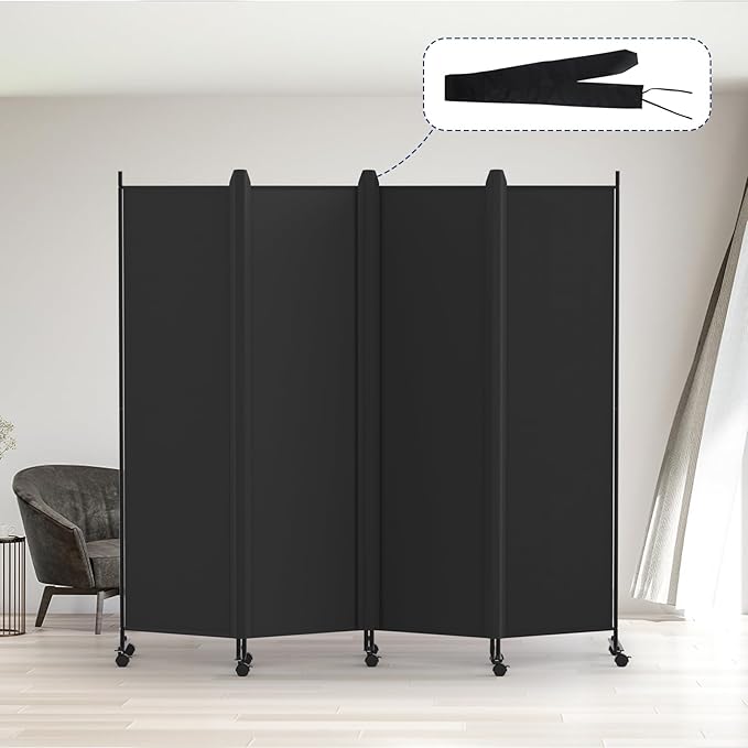 Kokorona 4 Panel Room Divider, 6FT Tall Rolling Privacy Screen with Lockable Wheels, Folding Wall Dividers Portable Room Divider for Room Separation, Included - Cover Strips, Black, 88''W x 70''H