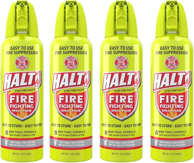 HALT! 10oz Fire Safety Spray – Non-Toxic, PFAS-Free Handheld Fire Suppressor – Easy to Use, Store & Find – Compact & Portable for Home, Kitchen, Car, BBQ, Camping & Tailgate – Made in USA (4pk)