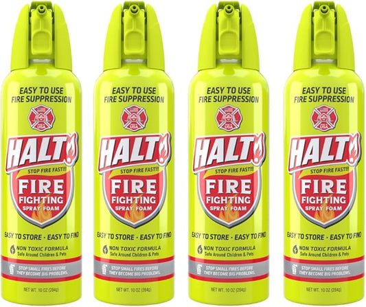 HALT! 10oz Fire Safety Spray – Non-Toxic, PFAS-Free Handheld Fire Suppressor – Easy to Use, Store & Find – Compact & Portable for Home, Kitchen, Car, BBQ, Camping & Tailgate – Made in USA (4pk)