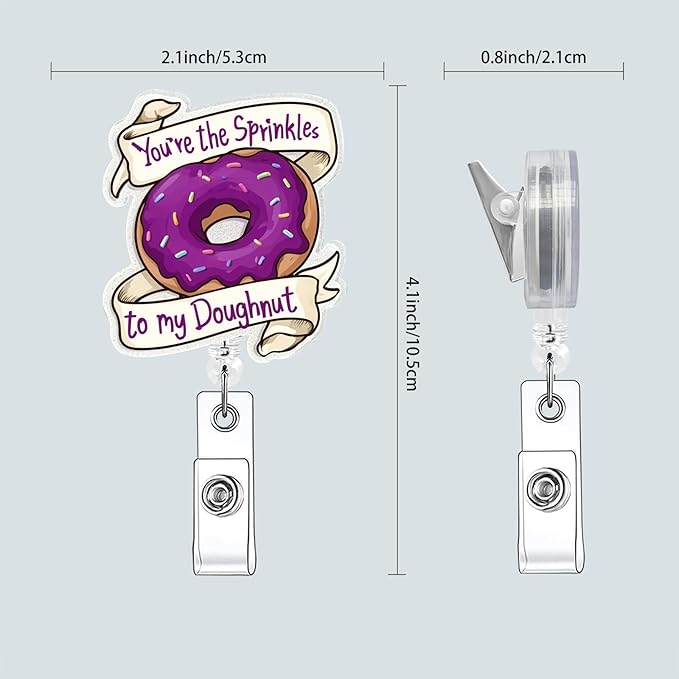 Humor ID Badge Clip, School Nurse Badge Reel with Alligator Clip, Glitter Acrylic Retractable Badge Holder, Cute Funny Design (Donut)