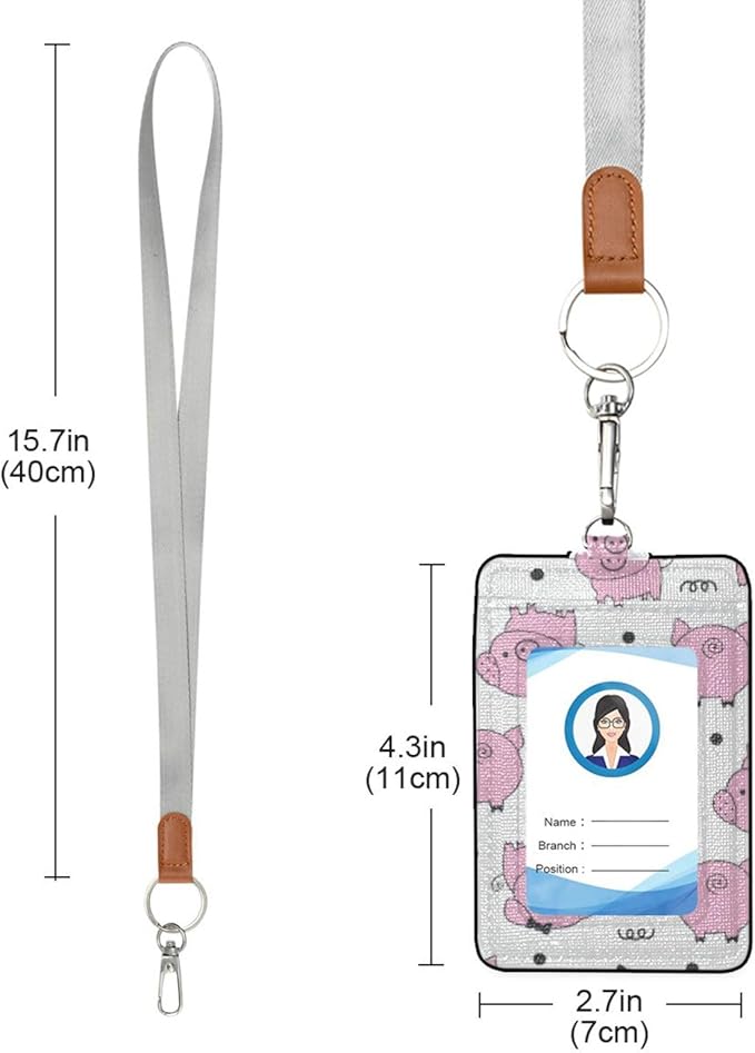 Pig ID Badge Holder with Lanyard, Vertical Leather ID Badge Card Holder for Office Staff, School Teacher and Student