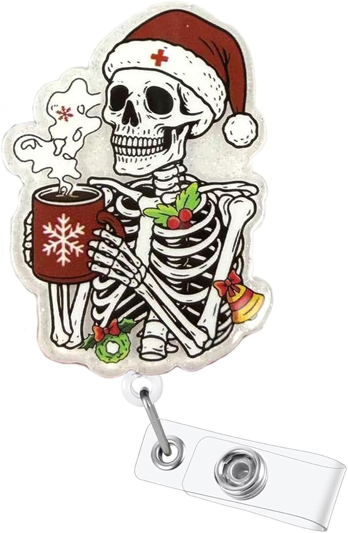 Christmas Coffee Skull Badge Reel Nurse Nursing Badge Clip with Retractable & 24 Durable Nylon Cord Funny Xmas Badge Holder for RN CNA LPN Medical Worker Teacher Student | Acrylic