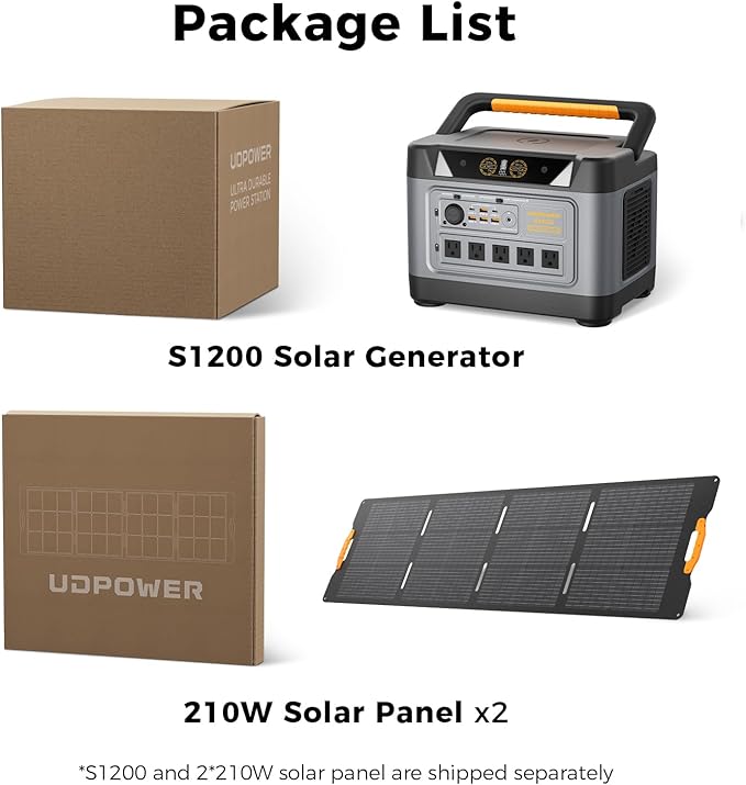 S1200 Solar Generator with 2x210W Solar Panel, 1190Wh LiFePO4 Battery 1200W (Surge 1800W) AC Output with UPS, 1.5H to 80% Fast Charge, Power Station for Home Backup/Outdoor/RVs/Emergency