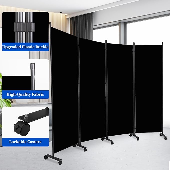 Room Divider 6FT Room Partition with Lockable Wheels, (Thicked Metal Base) Room Dividers, Freestanding Indoor Folding Privacy Screens, Portable Fabric Wall Divider for (Black, 88"- 4 Panel)