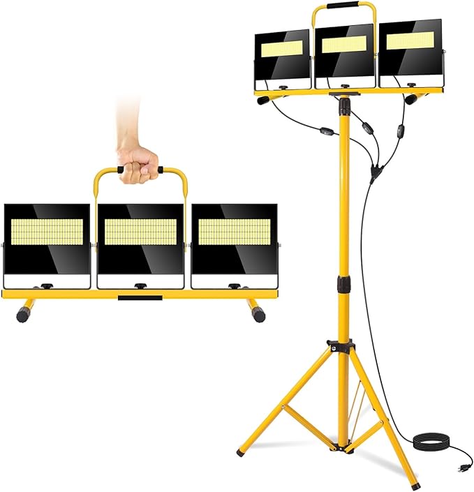 54000 Lumen Work Lights with Stand Led Triod Light 3 Adjustable Head with 16FT Cord - IP67 Waterproof LED Work Lights with Stand for Outdoor Indoor Job Site Workshop Garage Construction Site Lighting