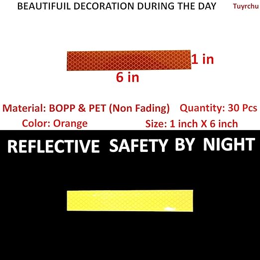 Orange Reflective Stickers 1 inch X 6 inch, Outdoor Waterproof High Visibility Warning Safety Adhesive Reflector Tape (30 Pcs)
