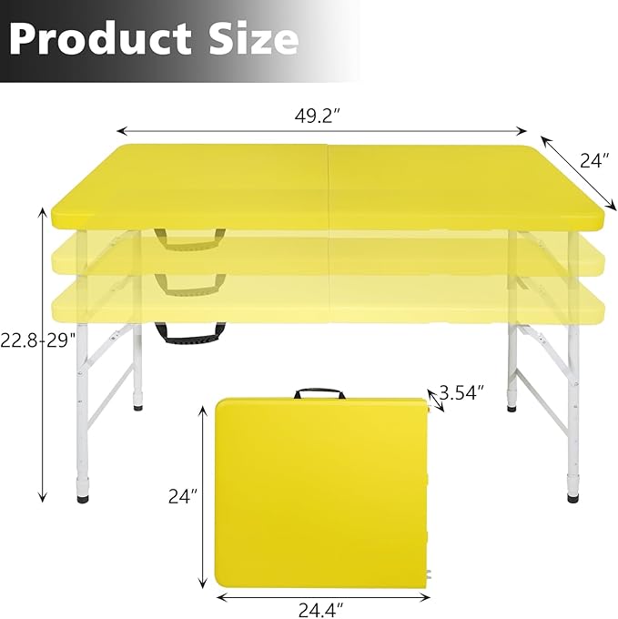 Portable 4Ft Adjustable Height Plastic Folding Table, Heavy Duty Fold-in-Half Table with Carrying Handle, Small Utility Foldable Table for Picnic Party Camping BBQ, Indoor/Outdoor (Yellow)