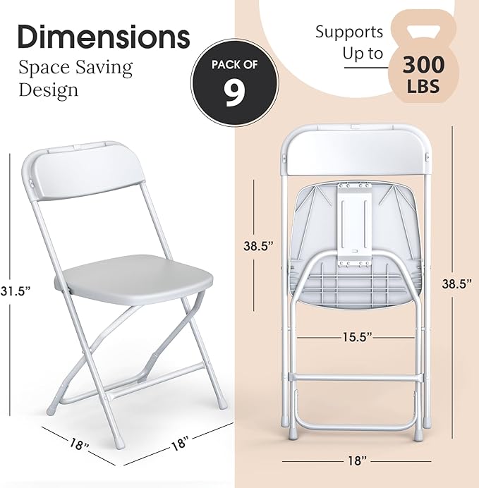 9 PACK White Foldable Plastic Chair | Folding & Stackable | 350 lbs Capacity Steel Frame Seats for Indoor Outdoor | Commercial Use Events Wedding Party Events Bulk Picnic Kitchen Dining