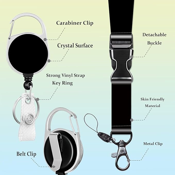 Black ID Badge Holder Lanyards for ID Badge Reel Retractable Heavy Duty Lanyard with ID Holder Office Essentials for Men Clip ID Card Holder for Teacher Women Work Office