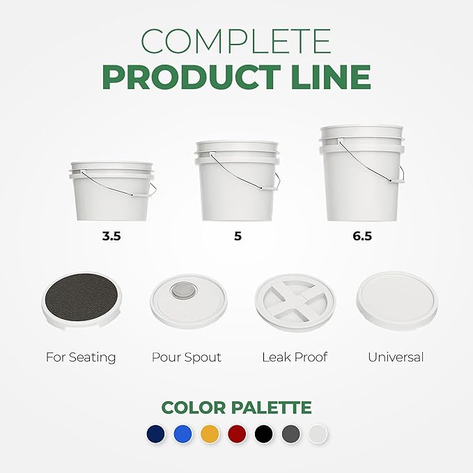 5-Gallon White Bucket Pail Container with Lid | Food Grade | Heavy-Duty Extra Durable | Metal Handles with Plastic Grip for Easy Carrying | Multi-Use | Easy Stack and Store | BPA Free - 3 Pack