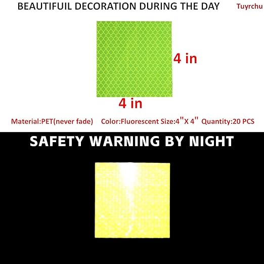 Non Fading Fluorescent Yellow Reflective Stickers 4 inch X 4 inch, Outdoor Waterproof High Visibility Safety Adhesive Reflector (20 Pcs)