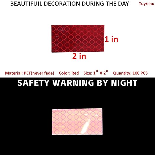 Non Fading Red Reflective Stickers 1 inch X 2 inch, Outdoor Waterproof High Visibility Warning Safety Adhesive Reflector Tape (100 Pcs)