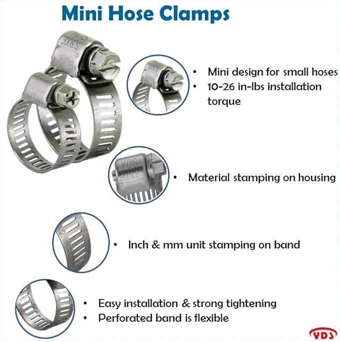 YDS All 300 Grade Stainless Steel Mini Hose Clamp, Worm-Drive, SAE Size 4, 5/16" to 5/8" Diameter Range, 0.35 Bandwidth (Pack of 10)