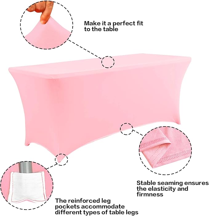 IVAPUPU 2 Pack 8FT Table Cloth for Rectangular Fitted Events Stretch Pink Table Covers Washable Cover Spandex Tablecloth Protector for Party, Wedding, Cocktail, Banquet, Festival