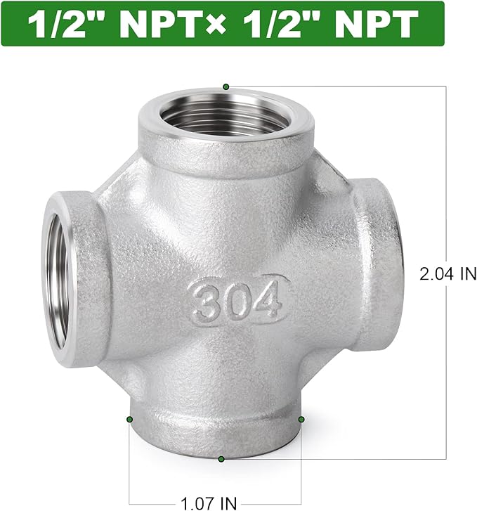 TAISHER 2PCS Stainless Steel 4 Way Pipe Fittings, 1/2" x 1/2" x 1/2" x 1/2" NPT Female Pipe Fittings