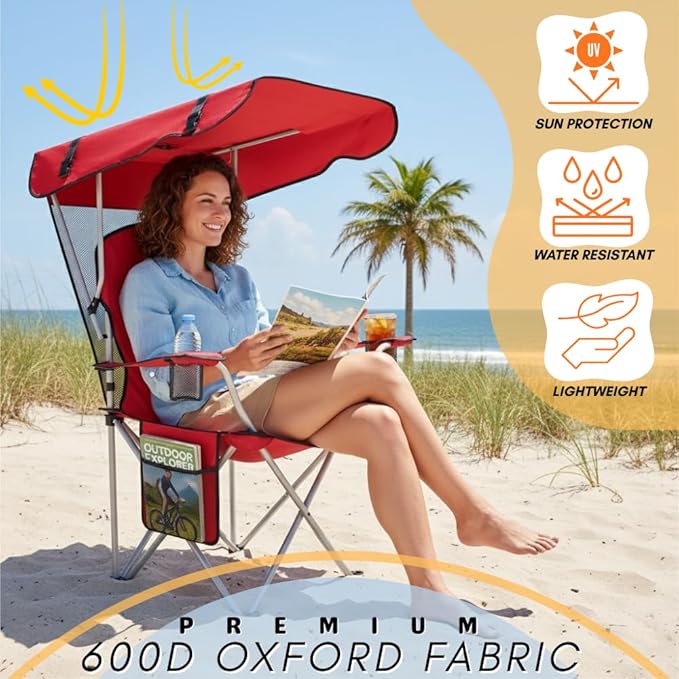 Portable Folding Camping Chairs with Canopy Shade, Beach Chair for Adults, Durable Weather Resistant 600D Oxford Cloth, Camping Chair with Canopy for Outdoors [Red-2 Pack]