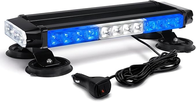 Xprite White Blue Rooftop Emergency Strobe Light Bar, Beacon Safety Flashing Police Lights w/Magnetic Base for Police Law Enforcement POV Vehicles Trucks