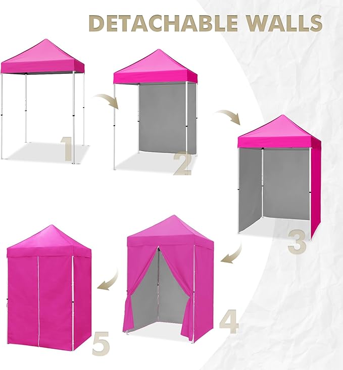 EAGLE PEAK 5x5 Instant Canopy with 4-Side Wall Panels, Small Pop up Portable Canopy Tent with Carry Bag, Light Weight Sun Shelter for Sports, Camping and Beach, Pink