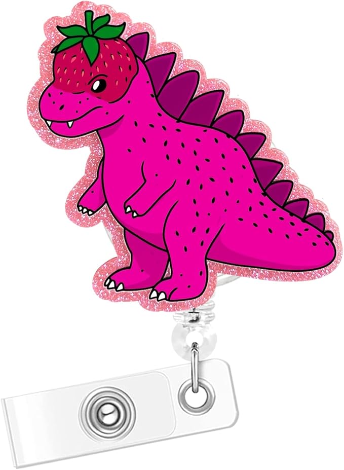 Dinosaur Cute Badge Holder, Funny Strawberry Badge Buddy for RN LPN CNA Accessories for Work, Glitter Retractable Badge Reel with Alligator Clip (Strawberry Dinosaur)