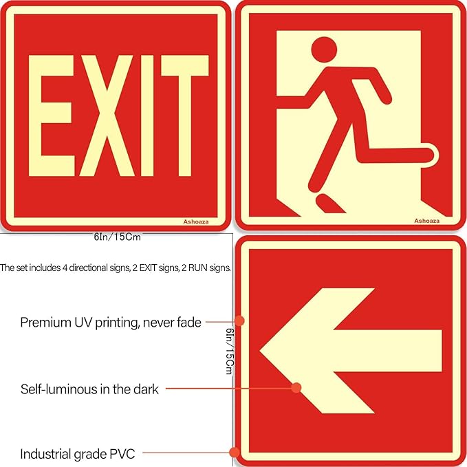 Emergency Exit Sign Glow in the Dark Decals, Running Man Sign With Directional Arrow Light Stickers, 15x15 cm, 8 Pcs Red