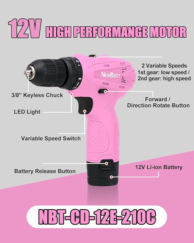 Cordless Drill Set, 12V Power Drill Driver with 2 Battery and Charger, Pink Electric Drill Power Tool for Women