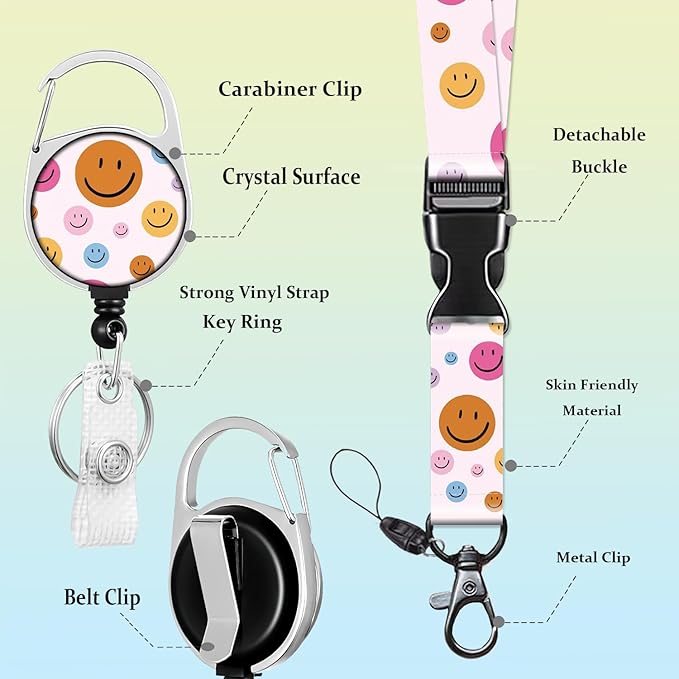 Pink Lanyard ID Badge Holder With Retractable Reel Clip, Vertical ID Protector, Card Holder Keychain Name Badge Clip for Women Men
